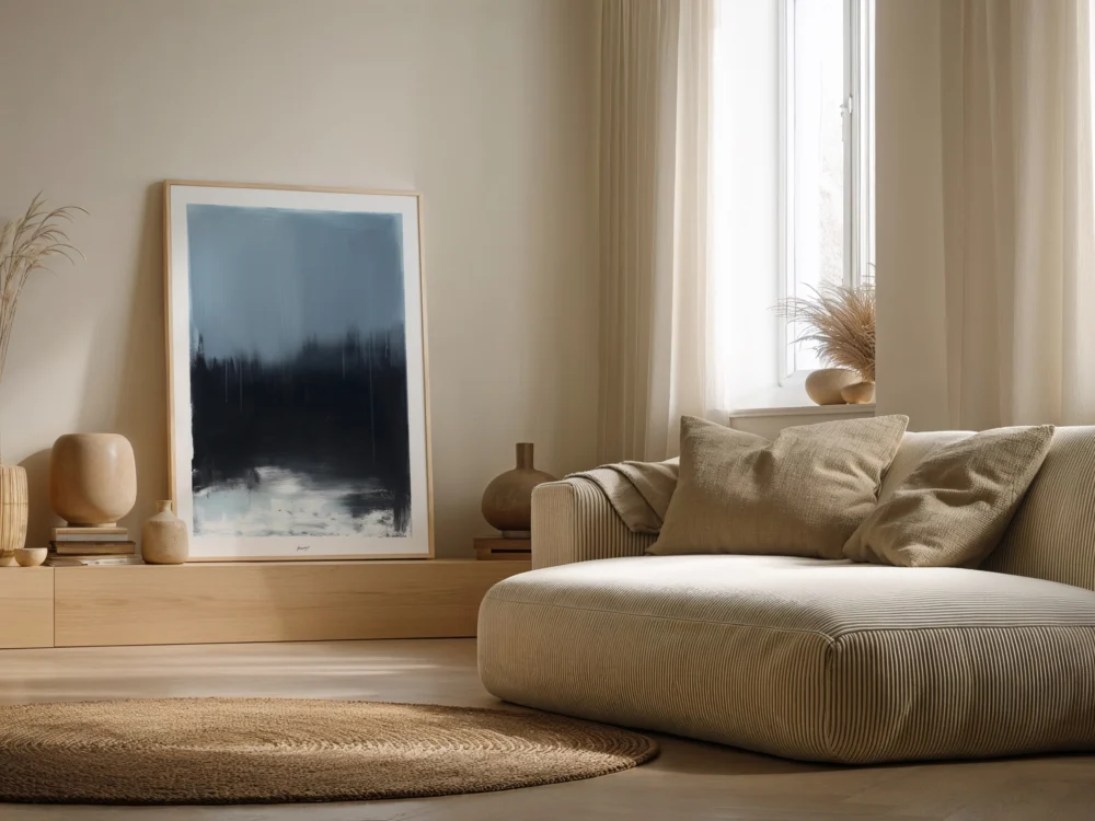 Scandinavian minimalist moody abstract landscape art with clean lines and neutral colors.